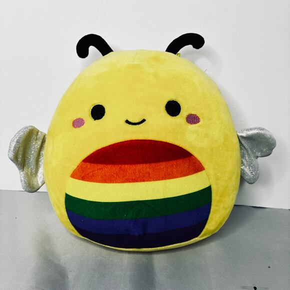 Squishmallows Happy Sunny Bee Pride Plush Yellow Rainbow Shiny Sweet Stuffie 8" - Picture 1 of 8